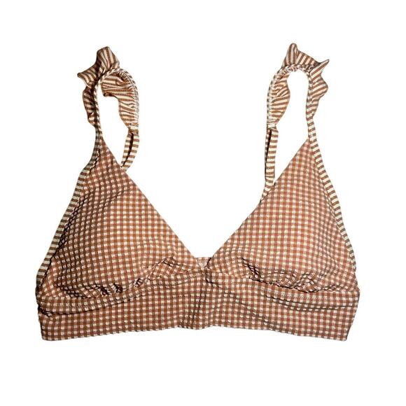 Aerie Gingham Ruffle Seersucker Triangle Bikini Swimsuit Top Raw Sienna Large - Picture 2 of 6
